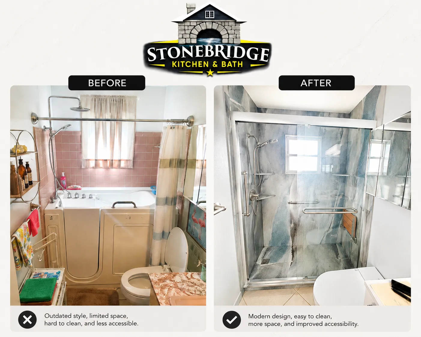 Before and after shower replacement with glass doors and grab bar in Belleview, FL — Stonebridge project 19