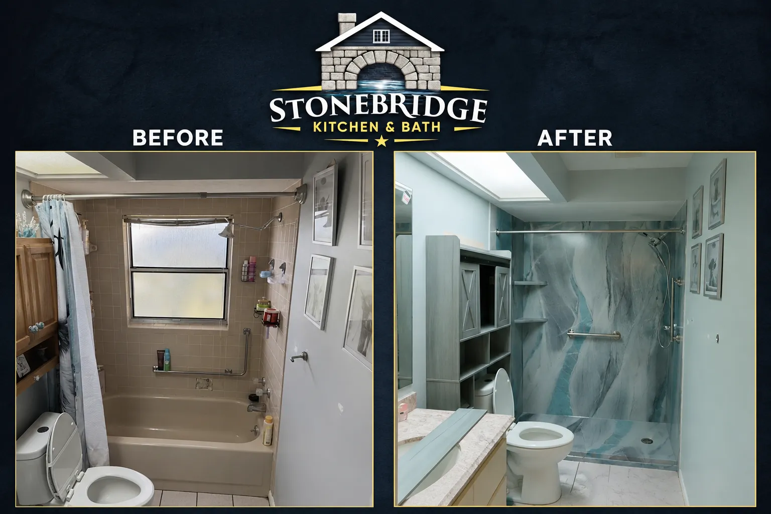 Before and after tub-to-shower conversion with marble-look walls in Marion County, FL — Stonebridge project 1