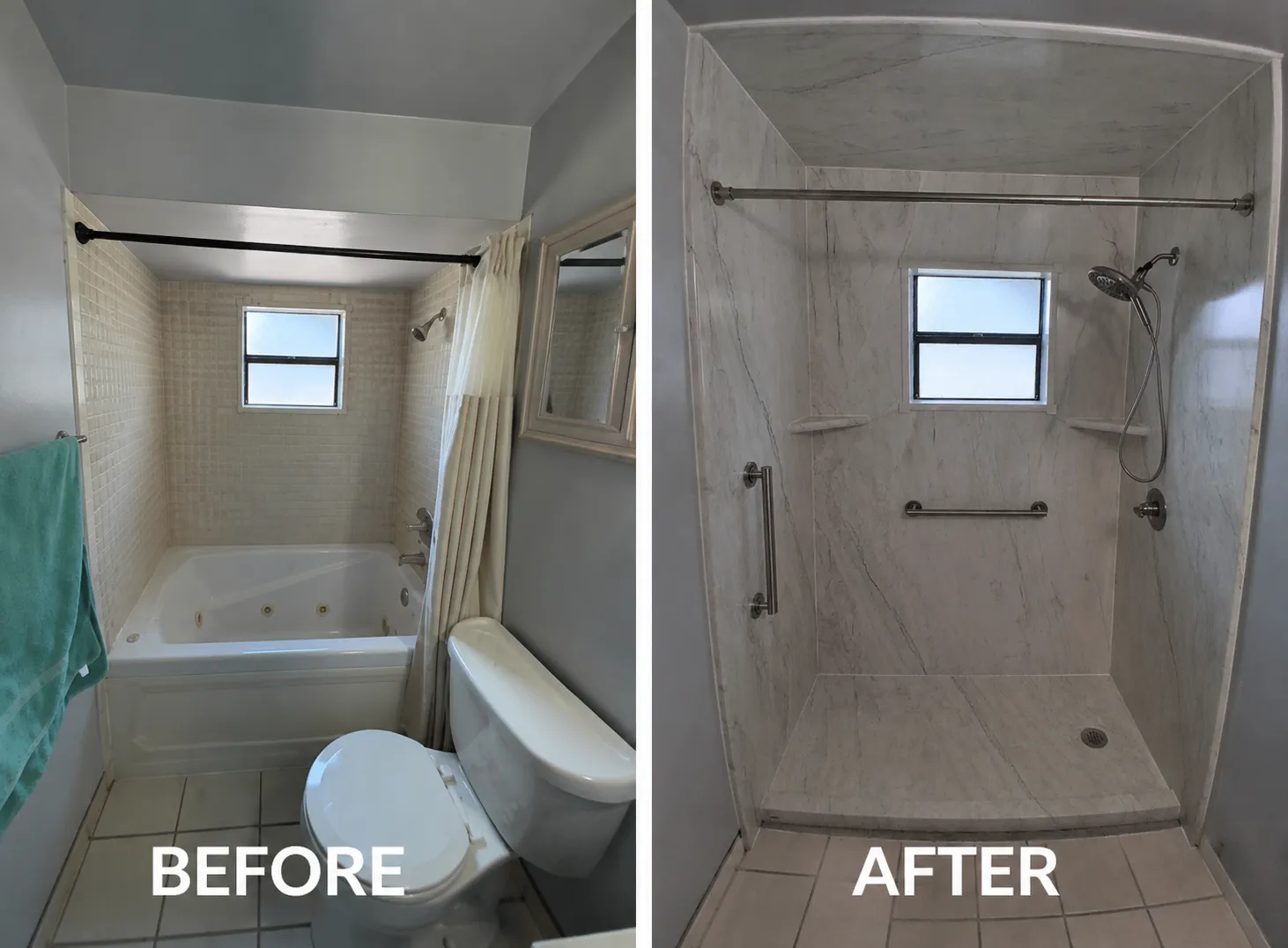 Before and after tub-to-shower conversion with marble-look walls in Marion County, FL — Stonebridge project 5