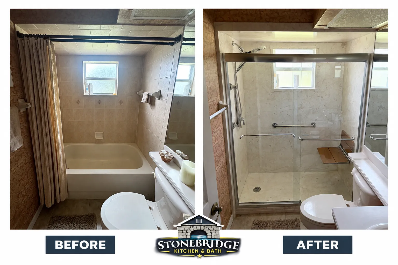 Before and after walk-in shower conversion with seat in The Villages, FL — Stonebridge project 12