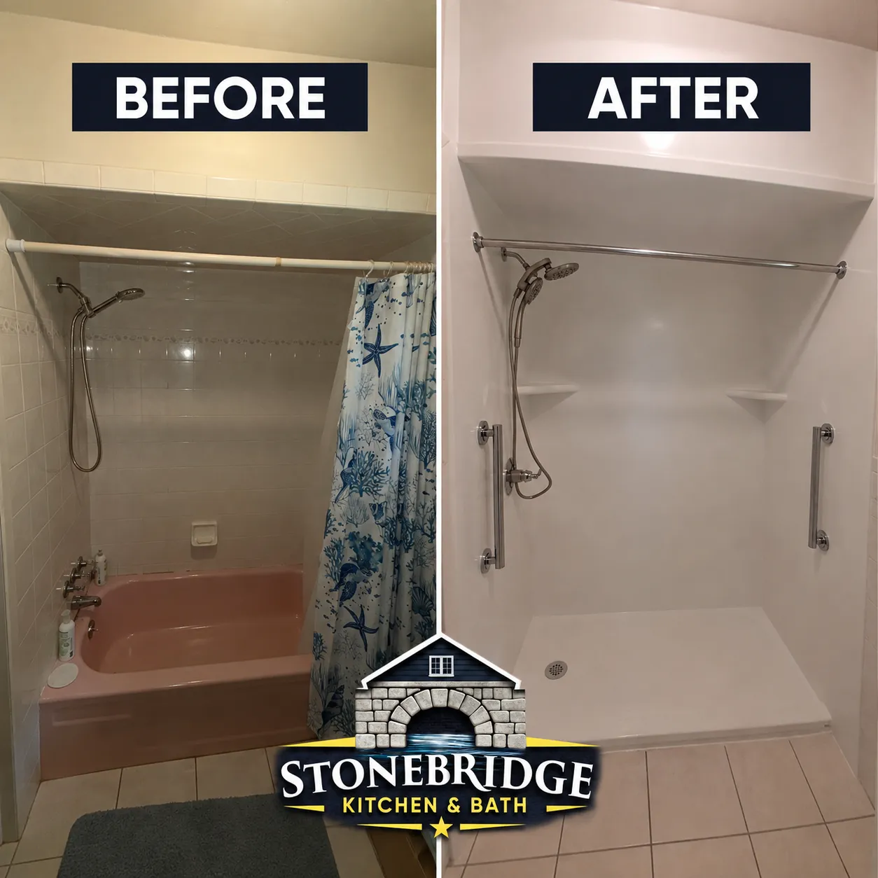 Before and after bathroom remodel replacing a tub surround with a walk-in shower in Ocala, FL — Stonebridge project 18