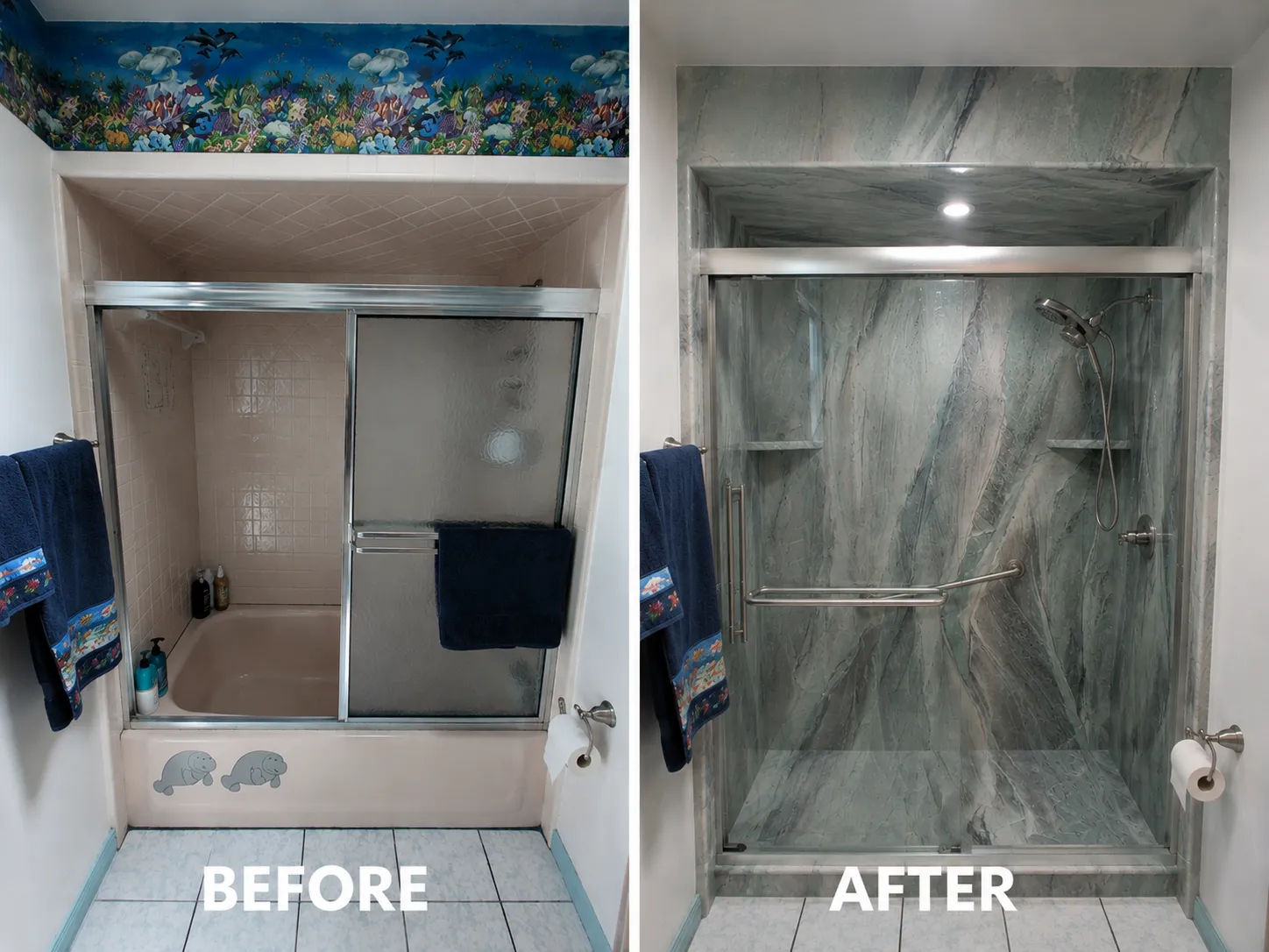 Before and after tub-to-shower conversion with marble-look walls in Marion County, FL — Stonebridge project 13