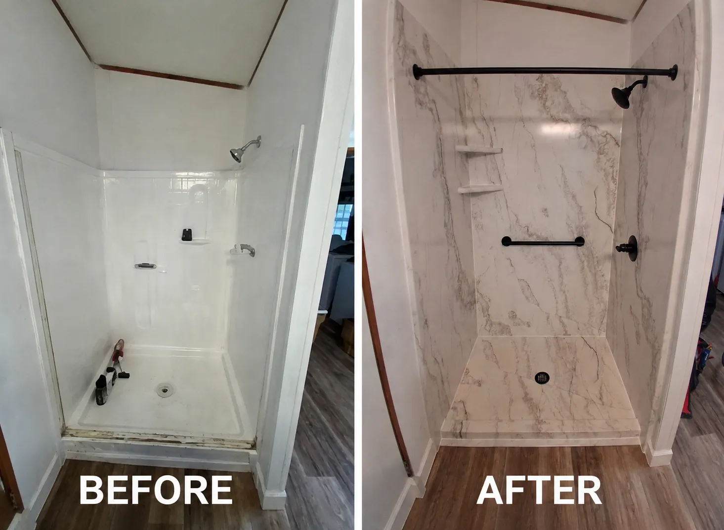 Before and after shower replacement with glass doors and grab bar in Belleview, FL — Stonebridge project 11