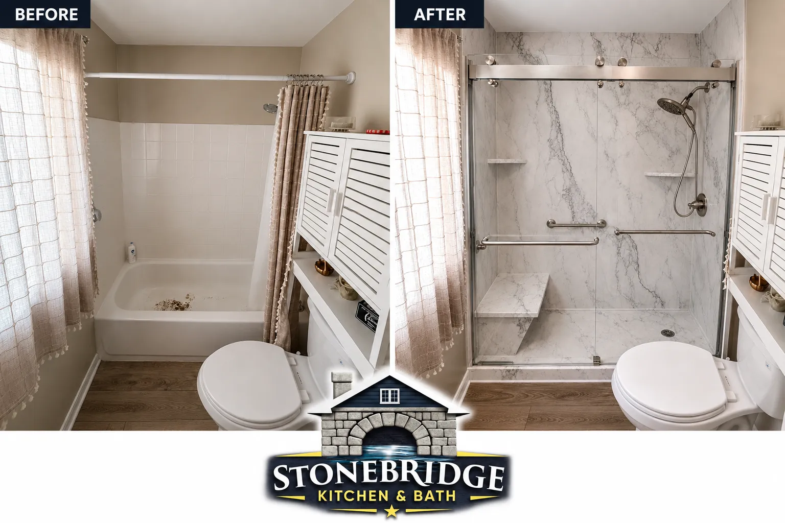 Before and after bathroom remodel replacing a tub surround with a walk-in shower in Ocala, FL — Stonebridge project 22