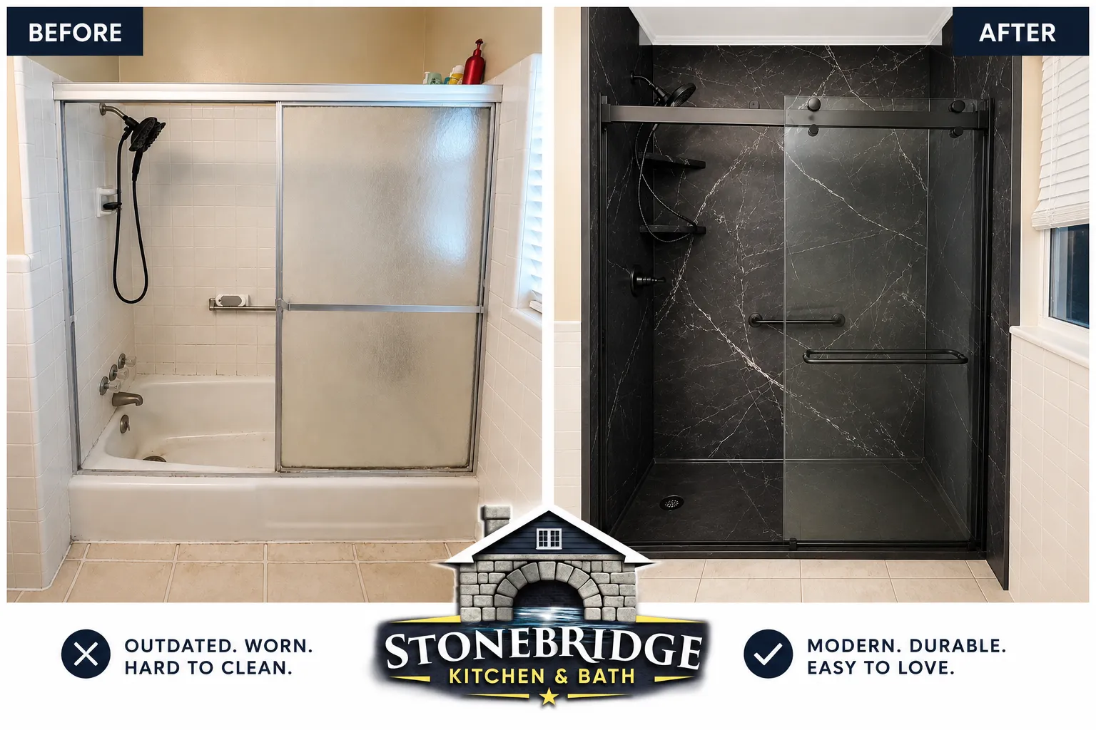 Before and after walk-in shower conversion with seat in The Villages, FL — Stonebridge project 16