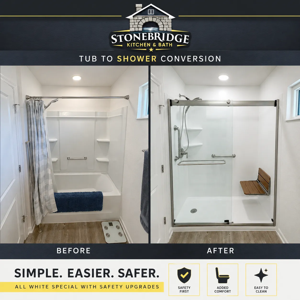 Before and after tub-to-shower conversion with marble-look walls in Marion County, FL — Stonebridge project 9