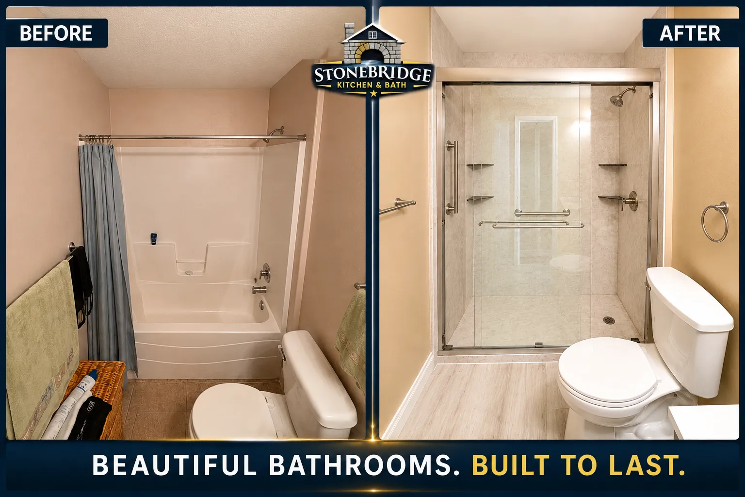 Before and after bathroom remodel turning a tub into a walk-in shower with glass doors in Central Florida