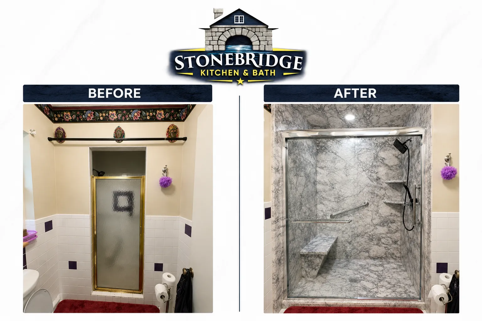 Before and after shower replacement with glass doors and grab bar in Belleview, FL — Stonebridge project 7