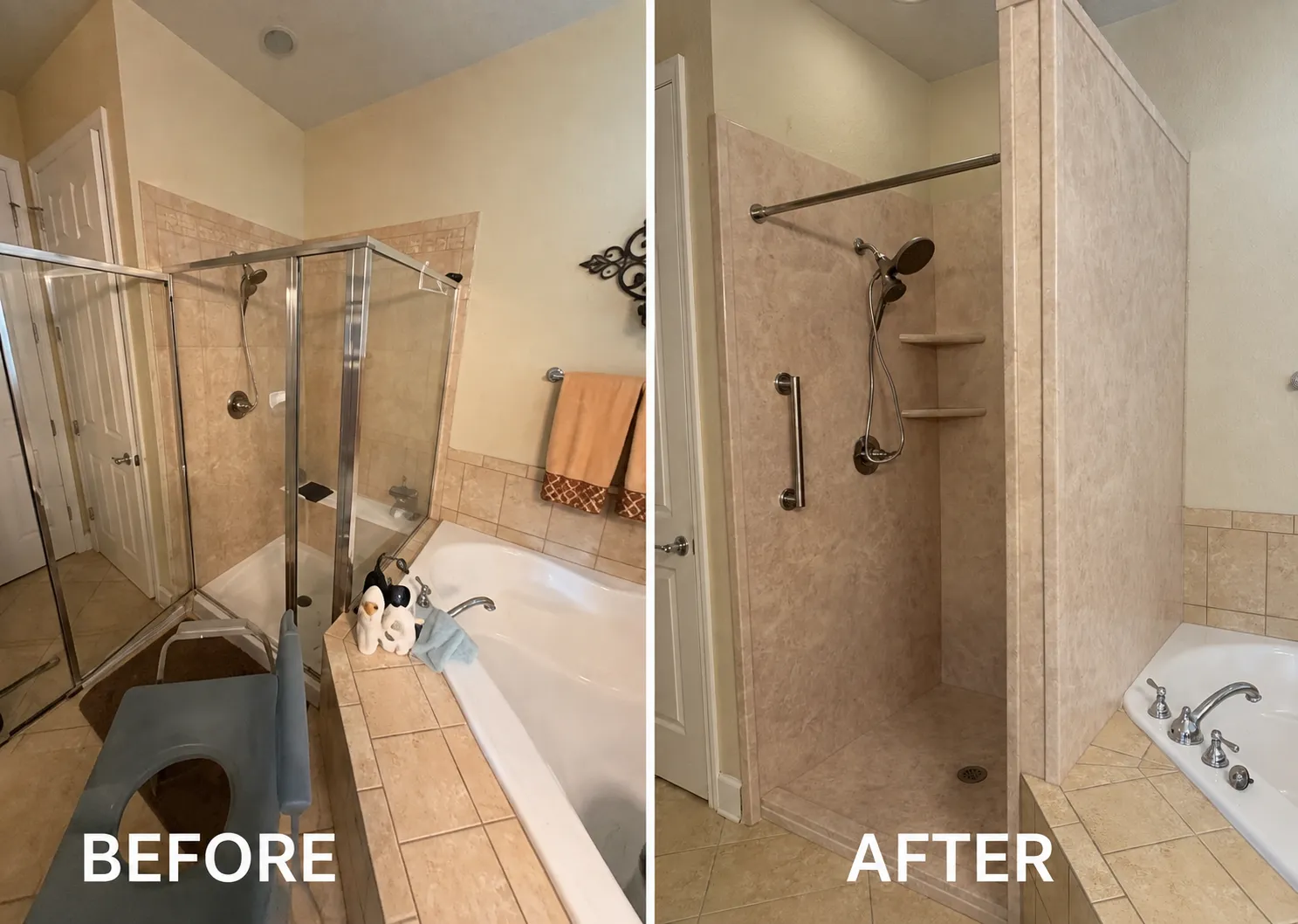 Before and after walk-in shower conversion with seat in The Villages, FL — Stonebridge project 8