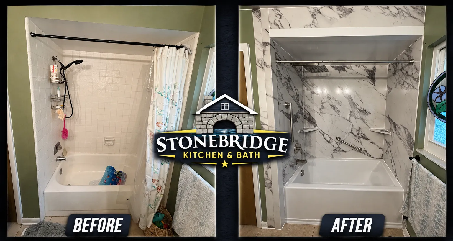 Before and after bathroom remodel replacing a tub surround with a walk-in shower in Ocala, FL — Stonebridge project 2