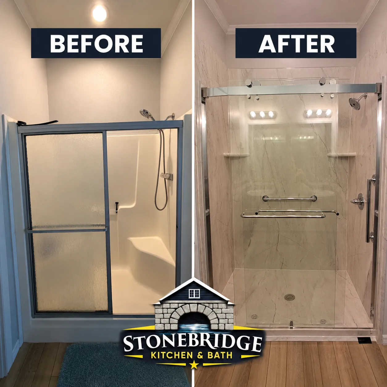 Before and after shower replacement with glass doors and grab bar in Belleview, FL — Stonebridge project 15