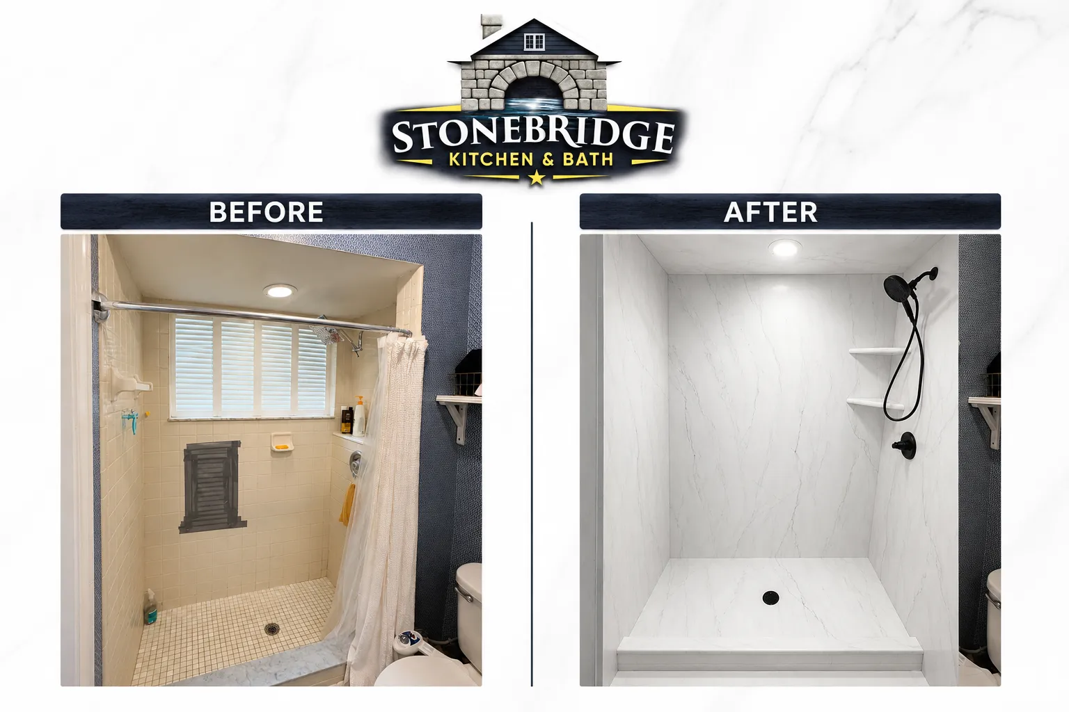 Before and after tub-to-shower conversion with marble-look walls in Marion County, FL — Stonebridge project 17