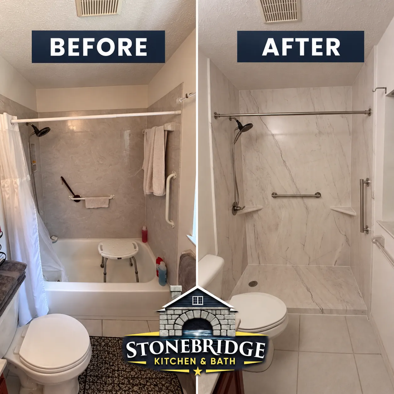 Before and after tub-to-shower conversion with marble-look walls in Marion County, FL — Stonebridge project 21