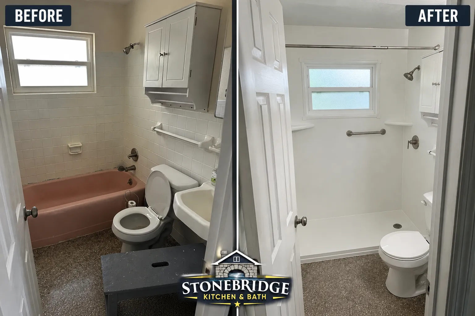 Before and after walk-in shower conversion with seat in The Villages, FL — Stonebridge project 20