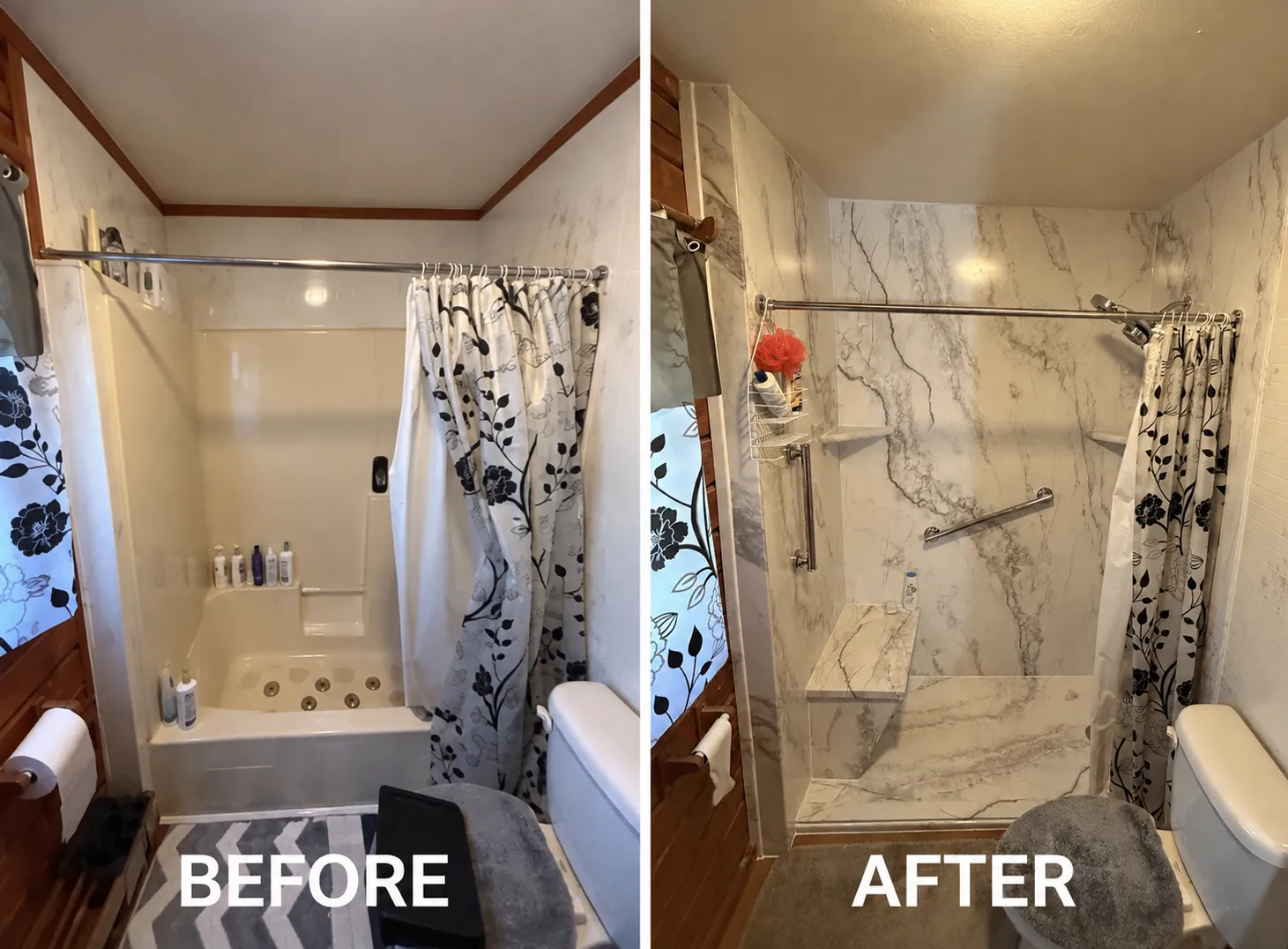 Before and after shower replacement with glass doors and grab bar in Belleview, FL — Stonebridge project 3
